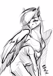 Size: 1527x2160 | Tagged: safe, artist:kiwwsplash, oc, oc only, pegasus, pony, eye scar, lineart, monochrome, pegasus oc, scar, signature, solo, wings