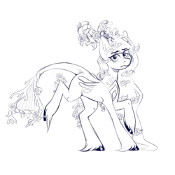 Size: 4000x4000 | Tagged: safe, artist:helemaranth, oc, oc only, earth pony, pony, earth pony oc, flower, flower in hair, hoof fluff, leonine tail, lineart, raised hoof, simple background, solo, transparent background