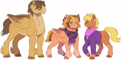 Size: 1280x640 | Tagged: safe, artist:ponipoke, hoops, ms. harshwhinny, oc, earth pony, pegasus, pony, g4, clothes, crack ship offspring, crack shipping, family, female, male, mare, offspring, parent:hoops, parent:ms. harshwhinny, scarf, shipping, simple background, stallion, straight, white background