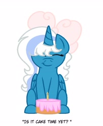 Size: 2856x3517 | Tagged: safe, artist:flutterio1, artist:riofluttershy, oc, oc only, oc:fleurbelle, alicorn, pony, alicorn oc, birthday, birthday cake, bow, cake, candle, eyes closed, female, food, hair bow, hair over one eye, high res, horn, mare, simple background, solo, text, white background, wings