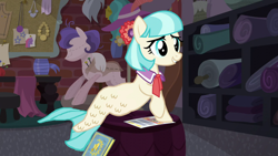 Size: 1280x720 | Tagged: safe, edit, edited screencap, screencap, coco pommel, mermaid, pony, g4, made in manehattan, cocobetes, cute, female, flyer, mare, scrapbook, sitting, smiling, solo