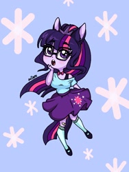Size: 1536x2048 | Tagged: safe, artist:ameliacostanza, sci-twi, twilight sparkle, equestria girls, g4, blue background, bowtie, bra, bra strap, clothes, cute, cutie mark on clothes, female, glasses, open mouth, ponied up, sci-twiabetes, simple background, skirt, socks, solo, twiabetes, underwear