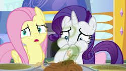 Size: 1920x1080 | Tagged: safe, screencap, fluttershy, rarity, g4, the ending of the end, bag, cute, duo, food, gagging, potato, puffy cheeks, raribetes, saddle bag, shrunken pupils, smelly