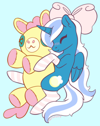 Size: 1586x1978 | Tagged: safe, artist:merimutt, oc, oc:fleurbelle, alicorn, pony, adorabelle, alicorn oc, blue background, blushing, bow, clothes, cute, eyes closed, female, hair bow, horn, mare, ocbetes, simple background, socks, striped socks, toy, wings