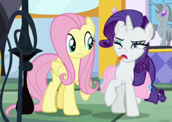 Size: 458x324 | Tagged: safe, screencap, fluttershy, rarity, g4, the ending of the end, cropped, disgusted, tongue out