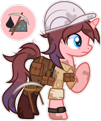Size: 2000x2402 | Tagged: safe, artist:n0kkun, oc, oc only, oc:black ore, pony, unicorn, bag, belt, boots, clothes, dirt, female, hard hat, helmet, high res, jeans, mare, pants, pickaxe, pouch, raised hoof, saddle bag, shirt, shoes, simple background, solo, transparent background, watch, wristwatch