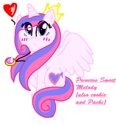 Size: 492x527 | Tagged: safe, artist:pokeloidpachiviray, oc, oc only, oc:sweet melody, alicorn, pony, alicorn oc, amulet, blushing, heart, horn, jewelry, simple background, sitting, solo, white background, wings