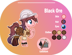 Size: 1400x1068 | Tagged: safe, artist:n0kkun, oc, oc only, oc:black ore, pony, unicorn, bag, belt, boots, clothes, dirt, female, gradient background, hard hat, helmet, jeans, mare, pants, pickaxe, pouch, raised hoof, reference sheet, saddle bag, shirt, shoes, solo, watch, wristwatch