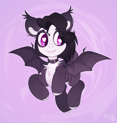 Size: 2646x2781 | Tagged: safe, artist:sugarstar, oc, oc only, oc:lex, bat pony, pony, rcf community, bat pony oc, bat wings, chest fluff, collar, cute, ear piercing, earring, fangs, female, flying, heart eyes, high res, jewelry, looking away, mare, piercing, smiling, solo, spread wings, wingding eyes, wings