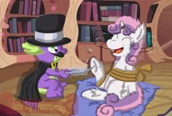 Size: 3206x2169 | Tagged: safe, artist:horrormage, spike, sweetie belle, dragon, pony, unicorn, g4, abuse, bondage, cape, chest fluff, clothes, crying, cushion, dastardly whiplash, duo, duo male and female, ear fluff, eyes closed, feather, female, filly, fluffy, golden oaks library, head shake, high res, hoof tickling, horn, horn ring, laughing, magic suppression, male, ring, spikely whiplash, sweetiebuse, tears of laughter, tickle torture, tickling, tied up, underhoof, unshorn fetlocks, wingless spike