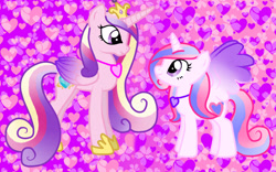 Size: 924x575 | Tagged: safe, artist:pokeloidpachiviray, princess cadance, oc, oc:sweet melody, alicorn, pony, g4, alicorn oc, duo, duo female, female, horn, similarities, wings