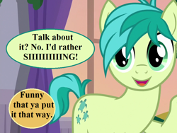 Size: 880x660 | Tagged: safe, edit, edited screencap, editor:korora, screencap, sandbar, g4, sounds of silence, the hearth's warming club, cropped, curtains, cute, dialogue, implied applejack, implied autumn blaze, sandabetes, school of friendship, smiling, speech bubble