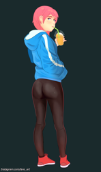 Size: 760x1280 | Tagged: safe, artist:noah-x3, oc, oc only, oc:neon flare, human, ass, butt, clothes, female, full body, hoodie, humanized, humanized oc, leggings, pants, shoes, slushie, sneakers, solo, straw, sweatshirt, yoga pants
