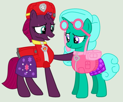 Size: 1996x1656 | Tagged: safe, artist:fantasia-bases, artist:jadeharmony, fizzlepop berrytwist, glitter drops, tempest shadow, pony, unicorn, series:sprglitemplight diary, series:sprglitemplight life jacket days, series:springshadowdrops diary, series:springshadowdrops life jacket days, g4, alternate universe, base used, broken horn, clothes, duo, female, gray background, horn, i can't believe it's not 徐詩珮, lesbian, marshall (paw patrol), paw patrol, ship:glittershadow, shipping, simple background, skye (paw patrol)