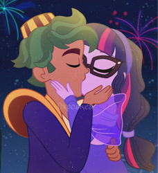Size: 2281x2497 | Tagged: safe, artist:cxpcakes, sci-twi, timber spruce, twilight sparkle, human, equestria girls, g4, aladdin, cute, digital art, disney, duo, female, fireworks, high res, kiss on the lips, kissing, male, shipping, straight, timbertwi, watermark
