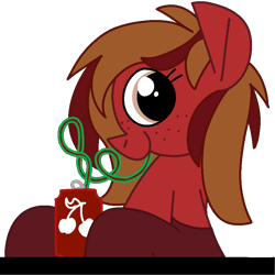 Size: 1800x1800 | Tagged: safe, artist:skookz, oc, oc only, oc:cherry spirit, earth pony, pony, clothes, cute, drink, drinking, female, freckles, happy, looking at you, mare, silly straw, simple background, sitting, smiling, socks, soda, soda can, solo, straw, table, transparent background