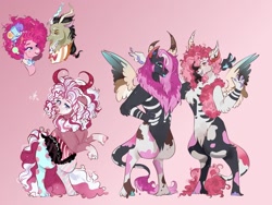 Size: 1280x960 | Tagged: safe, artist:bunnari, discord, pinkie pie, oc, oc:carnivalicious dionysus wonderland, oc:festivalus bacchus dreamland, oc:harlequin saccharine comedy, draconequus, earth pony, pony, g4, bowtie, bust, cloven hooves, female, fraternal twins, gradient background, hat, horns, interspecies offspring, male, offspring, parent:discord, parent:pinkie pie, parents:discopie, rearing, ship:discopie, shipping, straight, tongue out, top hat, twins