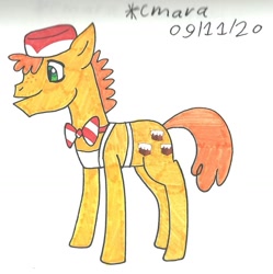 Size: 1020x1026 | Tagged: safe, artist:cmara, carrot cake, earth pony, pony, g4, apron, bowtie, clothes, hat, male, simple background, solo, stallion, traditional art, white background