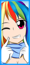 Size: 170x369 | Tagged: safe, artist:sachidashie, rainbow dash, human, g4, anime style, breasts, busty rainbow dash, female, humanized, one eye closed, smiling, solo, wink, winking at you