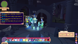 Size: 1366x768 | Tagged: safe, oc, oc:sakura chan, cat, pegasus, pony, unicorn, legends of equestria, armor, castle of the royal pony sisters, dancing, fake wings, female, flying, game, game screencap, group photo, horn, hud, lantern, male, mare, night, pegasus oc, sitting, stallion, sunglasses, sunglasses at night, torch, unicorn oc, video game, wings