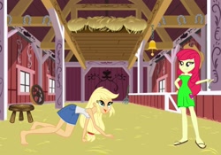 Size: 2388x1668 | Tagged: safe, artist:bleedingwings12, apple bloom, applejack, equestria girls, g4, adorabloom, all fours, apple sisters, applejack's hat, barefoot, barn, behaving like a dog, clothes, cowboy hat, cute, cutie mark, cutie mark on clothes, denim shorts, dress, duo, duo female, feet, female, hand on hip, hat, hay, hypnosis, hypnotized, jackabetes, legs, open mouth, open smile, panting, pocket watch, ponytail, sandals, shorts, siblings, sisters, smiling, smug, standing, stool, sundress, sweet apple acres, swirly eyes, tank top