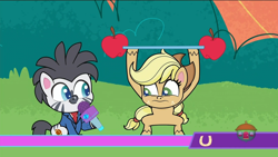 Size: 1920x1080 | Tagged: safe, screencap, applejack, herd happily, earth pony, pony, zebra, g4.5, my little pony: pony life, the rarity report, apple, bipedal, clothes, female, food, hoof hold, male, mare, microphone, sitting, treehouse logo