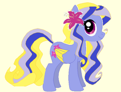 Size: 495x376 | Tagged: safe, artist:sydpeep, lily blossom, pegasus, pony, g4, 1000 hours in ms paint, 2015, alternate hair color, base used, closed mouth, colored wings, colored wingtips, female, flower, flower in hair, folded wings, mare, misaligned, redesign, side view, simple background, smiling, solo, standing, white background, wings