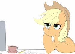 Size: 3514x2549 | Tagged: safe, artist:drawalaverr, applejack, earth pony, pony, g4, applejack's hat, book, coffee, cowboy hat, cup, eye clipping through hair, fanart, female, hat, high res, mare, missing freckles, pencil, simple background, solo, table, thermos, thinking, white background