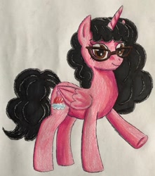 Size: 1024x1160 | Tagged: safe, artist:bozzerkazooers, oc, oc only, oc:aaliyah, alicorn, pony, aaliyah, alicorn oc, alicornified, crossover, cutie mark, glasses, horn, pegasus wings, ponified, race swap, raised hoof, solo, traditional art, wings