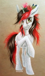 Size: 2988x5041 | Tagged: safe, artist:cahandariella, oc, oc only, oc:bloody herb, pony, unicorn, colored pencil drawing, female, gift art, mare, not blackjack, raised hoof, solo, traditional art