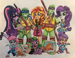 Size: 2803x2140 | Tagged: safe, artist:bozzerkazooers, rarity, sci-twi, spike, spike the regular dog, sunset shimmer, twilight sparkle, dog, fish, turtle, equestria girls, g4, barely eqg related, bubble guppies, bubble puppy, clothes, crossover, donatello, equestria girls-ified, fish bowl, geode of empathy, geode of shielding, geode of telekinesis, glasses, high res, leonardo, magical geodes, molly (bubble guppies), mr. grouper, nick jr., nickelodeon, oona, oona (bubble guppies), shoes, teenage mutant ninja turtles, twilightnardo, weapon