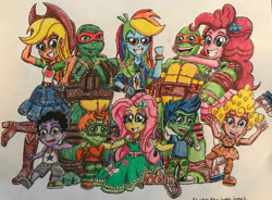 Size: 2852x2103 | Tagged: safe, artist:bozzerkazooers, applejack, fluttershy, pinkie pie, rainbow dash, equestria girls, g4, barely eqg related, bracelet, bubble guppies, clothes, cowboy hat, crossover, deema, deema (bubble guppies), dive mask, ear piercing, earring, equestria girls-ified, geode of fauna, geode of sugar bombs, geode of super speed, geode of super strength, gil (bubble guppies), glasses, goby, goby (bubble guppies), hat, high res, jewelry, magical geodes, michelangelo, nick jr., nickelodeon, nonny (bubble guppies), piercing, raphael, shoes, sneakers, teenage mutant ninja turtles, traditional art, weapon