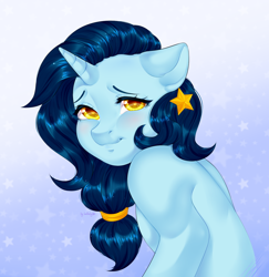 Size: 1448x1489 | Tagged: safe, artist:bylullabysoft, oc, oc only, pony, unicorn, bedroom eyes, blushing, bust, commission, digital art, ear piercing, earring, female, horn, jewelry, looking at you, mare, piercing, portrait, shy, simple background, smiling, smiling at you, solo