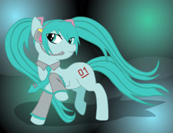 Size: 2635x2023 | Tagged: safe, artist:devansnape, artist:ktechnicolour, earth pony, pony, clothes, female, hatsune miku, headset, high res, hilarious in hindsight, looking at you, mare, ponified, smiling, solo, vocaloid