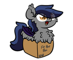 Size: 3250x2688 | Tagged: safe, artist:php142, part of a set, oc, oc only, oc:echo, bat pony, pony, :d, bat pony oc, bat wings, behaving like a cat, box, chest fluff, commission, cute, digital art, eye clipping through hair, fangs, female, fluffy, high res, if i fits i sits, impossibly large chest fluff, looking at you, mare, open mouth, pony in a box, simple background, solo, tail, transparent background, wings, ych result