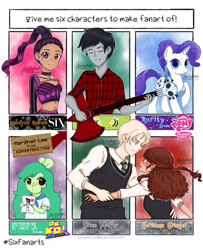 Size: 1536x1889 | Tagged: safe, artist:bluehighlights12, rarity, bee, human, insect, pony, unicorn, g4, adventure time, bust, choker, clothes, crossover, draco malfoy, eyes closed, female, fink, guitar, harry potter (series), hermione granger, katherine howard, male, mare, marshall lee, musical instrument, ok ko let's be heroes, raised hoof, six fanarts, spiked choker