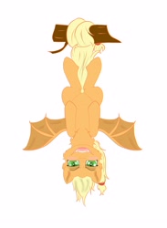 Size: 2800x3818 | Tagged: safe, artist:dicemarensfw, applejack, bat pony, earth pony, pony, g4, blushing, fangs, female, hair, hairband, hanging, hanging upside down, high res, hooves, mare, open mouth, shading, simple background, slit pupils, snake eyes, solo, spread wings, sticker, teeth, upside down, white background, wings