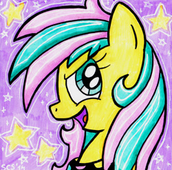Size: 1184x1171 | Tagged: safe, artist:spacecat-studios, oc, oc only, oc:color dots, pony, bust, open mouth, solo, stars, traditional art
