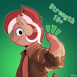 Size: 2000x2000 | Tagged: safe, artist:raph13th, oc, oc only, oc:roulette, earth pony, pony, fallout equestria, buff, clothes, female, flexing, grin, high res, jacket, looking at you, muscles, ripping clothes, simple background, smiling, solo, stronk