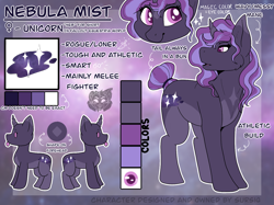 Size: 1366x1024 | Tagged: safe, artist:sursiq, oc, oc only, oc:nebula mist, pony, unicorn, fallout equestria, fallout equestria oc, multicolored hair, multicolored mane, multicolored tail, pink eyes, reference sheet, solo, tail bun