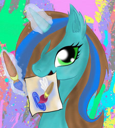 Size: 540x600 | Tagged: safe, artist:stepzzi, oc, oc only, oc:skybreeze, pony, unicorn, art, brush, bust, ear fluff, female, glowing horn, horn, looking at you, mare, painting, picture, solo, unicorn oc