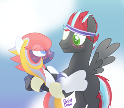 Size: 2706x2360 | Tagged: safe, artist:pasteldraws, oc, oc:nighfall serenade, pegasus, pony, blushing, clothes, cloud, cloudy, cute, flying, freckles, high res, holding a pony, hoodie, sky, sweatband
