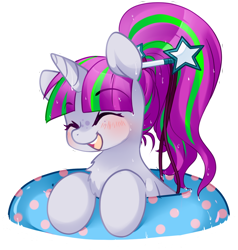 Size: 1100x1157 | Tagged: safe, artist:loyaldis, oc, oc only, oc:zippi, pony, unicorn, chest fluff, commission, cute, eyes closed, female, filly, inner tube, simple background, smiling, solo, transparent background, wet, wet mane, ych result