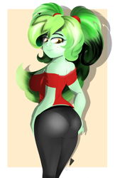 Size: 2400x3700 | Tagged: safe, artist:diamondgreenanimat0, oc, oc:diamondgreen, equestria girls, g4, ass, ass up, breeches, brown eyes, butt, clothes, detailed, equestria girls-ified, eye, eyes, green hair, high res, large butt, orange background, pants, panty line, red shirt, redesign, shadow, simple background, tight clothing, white background