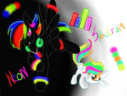 Size: 640x480 | Tagged: safe, artist:stepzzi, oc, oc:neon, oc:spectrum, pegasus, pony, brother and sister, darkness, duo, female, headphones, light, male, multicolored hair, neon, pegasus oc, siblings, wings