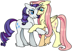 Size: 734x525 | Tagged: safe, artist:atlantropa, fluttershy, rarity, pegasus, pony, unicorn, g4, blushing, cloven hooves, female, hoof fluff, lesbian, mare, ship:flarity, shipping, simple background, transparent background