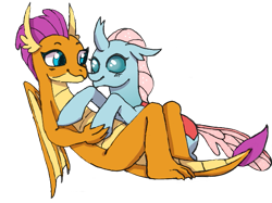 Size: 667x500 | Tagged: safe, artist:atlantropa, ocellus, smolder, changedling, changeling, dragon, g4, changeling x dragon, cute, diaocelles, dragoness, female, lesbian, ship:smolcellus, shipping, simple background, smolderbetes, transparent background
