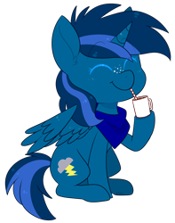 Size: 1908x2424 | Tagged: safe, artist:jetjetj, part of a set, oc, oc only, oc:lightning charge, pegasus, pony, g4, bandana, chibi, chocolate, clothes, commission, cute, drinking, female, food, hot chocolate, mare, mug, neckerchief, simple background, smiling, solo, transparent background, ych result