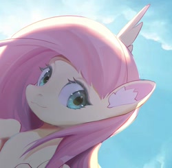 Size: 1781x1742 | Tagged: safe, artist:amo, fluttershy, pegasus, pony, g4, bust, cute, ear fluff, female, looking at you, portrait, sky, smiling, solo, spread wings, wings
