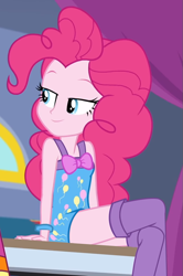 Size: 639x961 | Tagged: safe, edit, edited screencap, screencap, pinkie pie, equestria girls, equestria girls series, g4, sunset's backstage pass!, spoiler:eqg series (season 2), bow, clothes, cropped, crossed legs, female, legs, music festival outfit, nightgown, pajamas, sexy, sitting, sleeveless, socks, solo, stockings, thigh highs, thighs